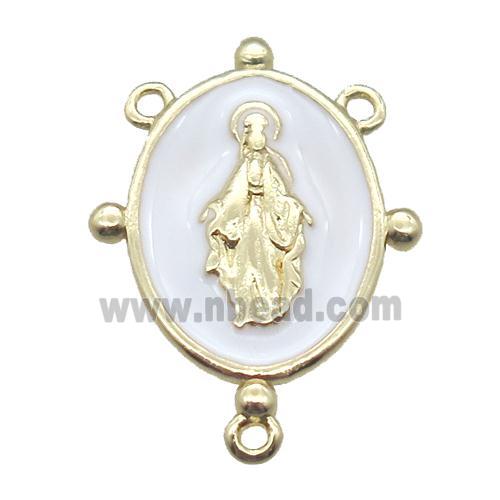 copper oval hanger bail with white enameling virgin mary, gold plated