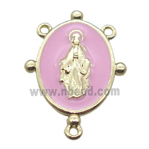 copper oval hanger bail with pink enameling virgin mary, gold plated