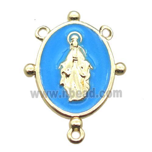 copper oval hanger bail with blue enameling virgin mary, gold plated