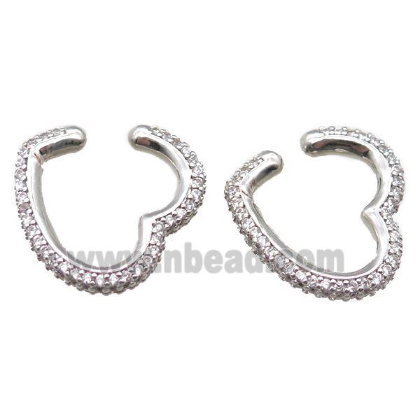 copper clip earring paved zircon, heart, platinum plated