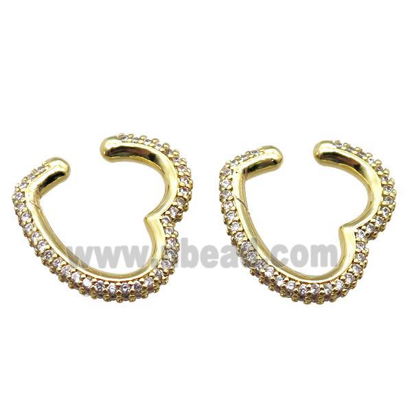 copper clip earring paved zircon, heart, gold plated