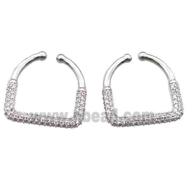copper clip earring paved zircon, platinum plated