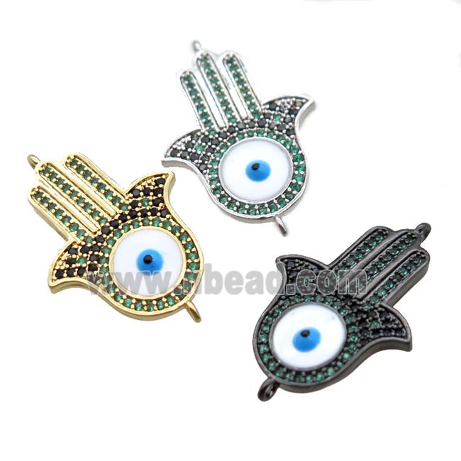 copper hamsahand connector paved zircon with evil eye, mixed