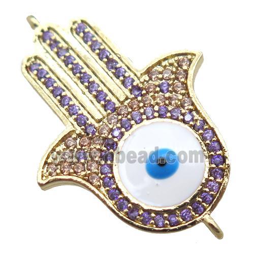 copper hamsahand connector paved zircon with evil eye, gold plated