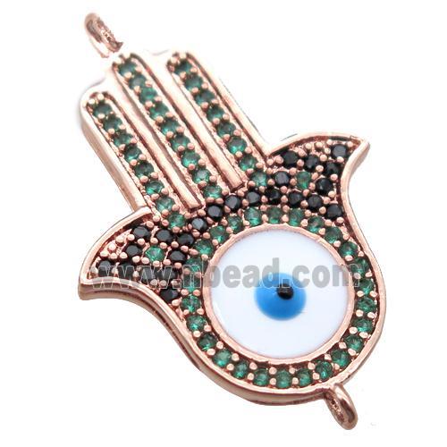 copper hamsahand connector paved zircon with evil eye, rose gold