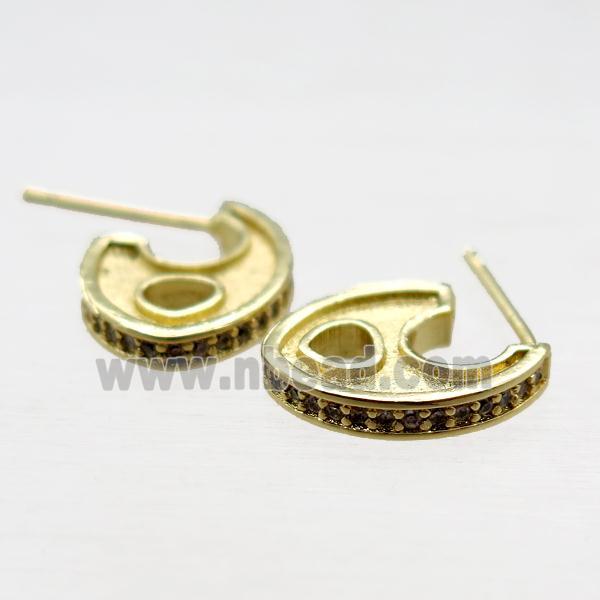 copper stud Earring paved zircon, gold plated