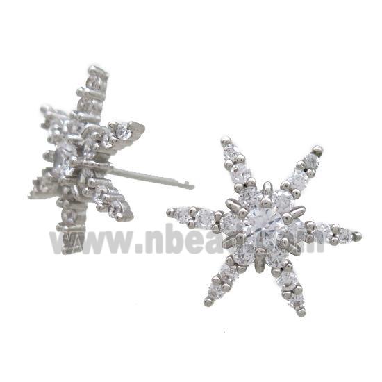 copper Studs Earrings paved zircon, snowflake, platinum plated