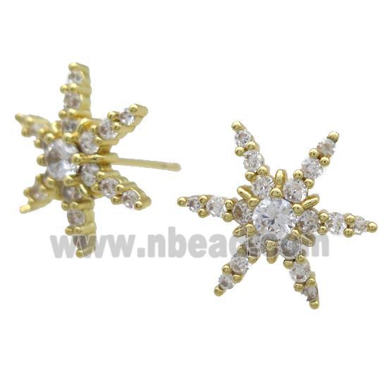 copper Studs Earrings paved zircon, snowflake, gold plated