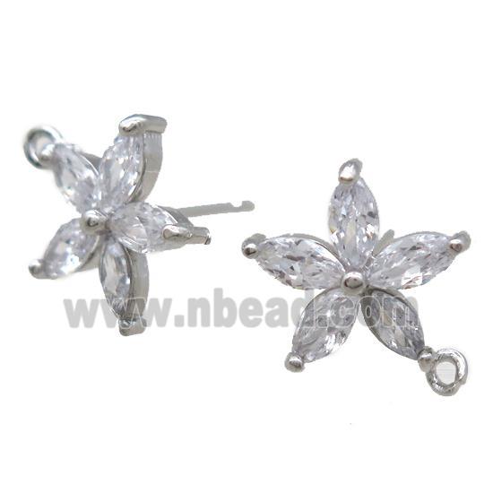 copper Studs Earrings paved zircon, flower, platinum plated