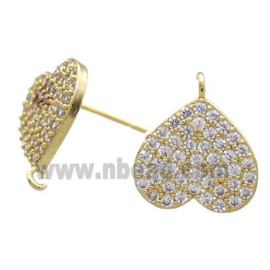 copper Studs Earrings paved zircon, heart, gold plated