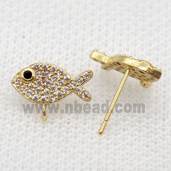 copper Studs Earrings paved zircon, fish, gold plated