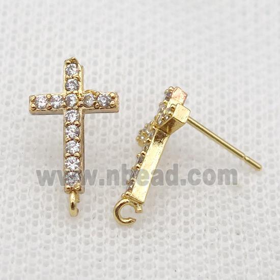 copper Studs Earrings paved zircon, cross, gold plated