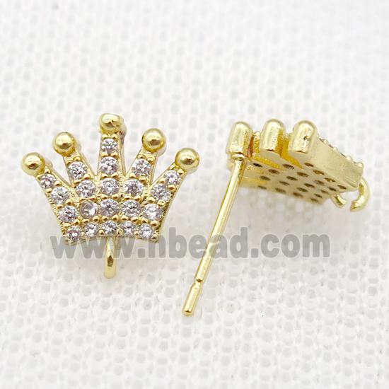copper crown Studs Earrings paved zircon, gold plated