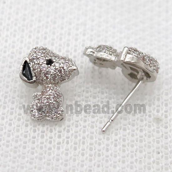 copper Studs Earrings paved zircon, dog, platinum plated