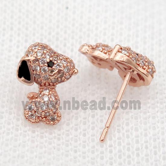 copper Studs Earrings paved zircon, dog, rose gold