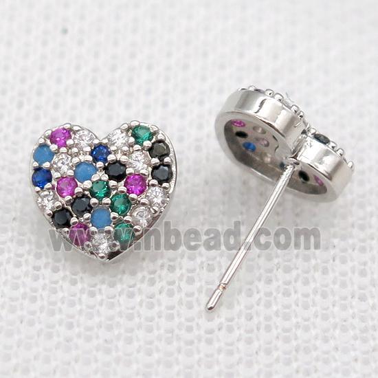 copper Studs Earrings paved zircon, heart, platinum plated