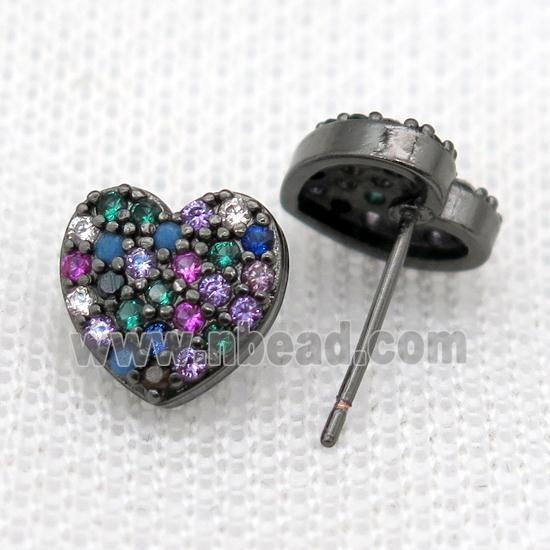 copper Studs Earrings paved zircon, heart, black plated