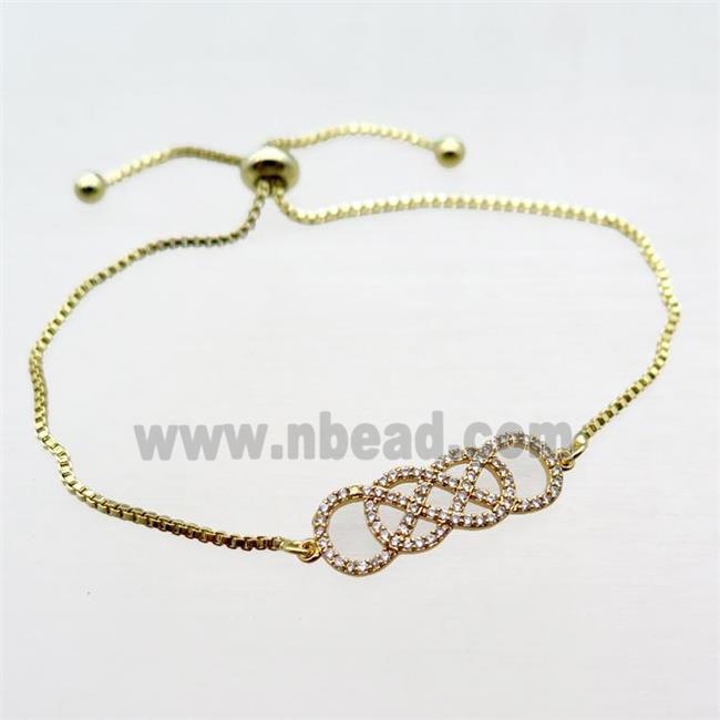 copper bracelet paved zircon, infinity, gold plated, Adjustable