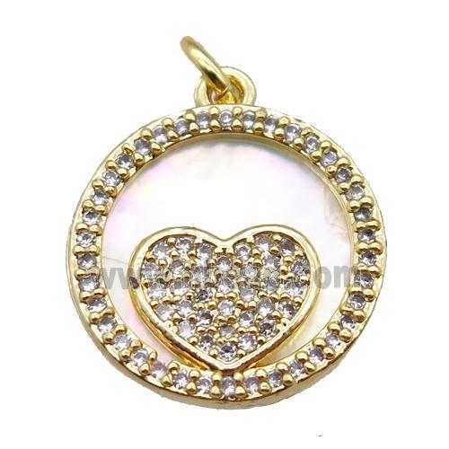 copper circle heart pendant paved zircon, gold plated, shell backing