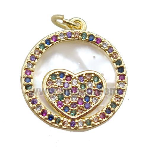 copper circle heart pendant paved zircon, gold plated, shell backing