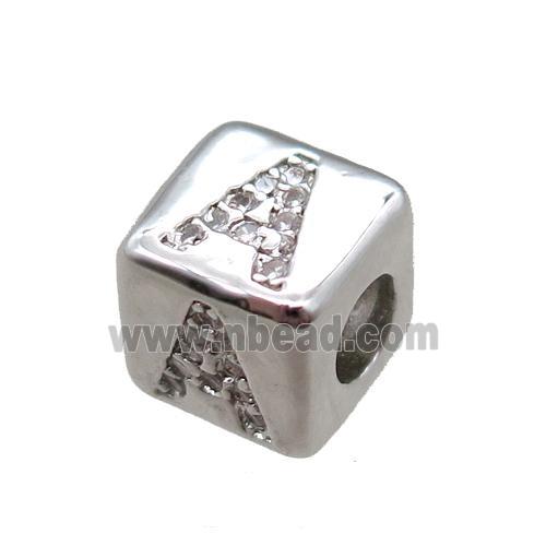 copper cube letter-A beads pave zircon, platinum plated