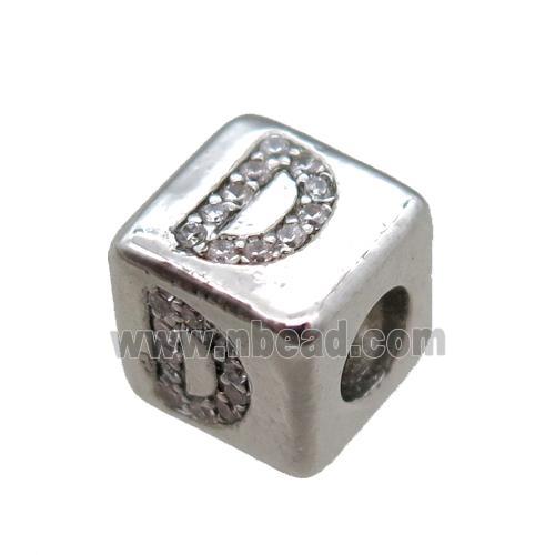 copper cube letter-D beads pave zircon, platinum plated