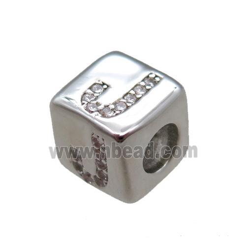 copper cube letter-J beads pave zircon, platinum plated