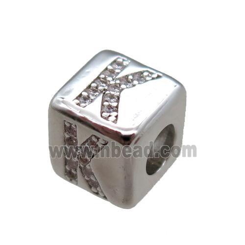 copper cube letter-K beads pave zircon, platinum plated