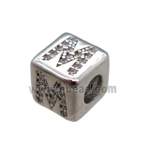 copper cube letter-M beads pave zircon, platinum plated