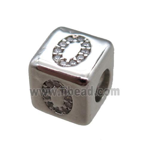 copper cube letter-O beads pave zircon, platinum plated