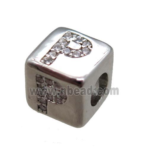 copper cube letter-P beads pave zircon, platinum plated