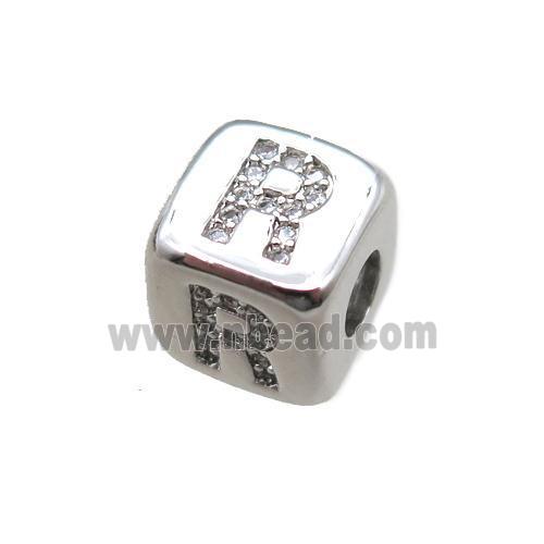 copper cube letter-R beads pave zircon, platinum plated