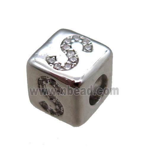 copper cube letter-S beads pave zircon, platinum plated