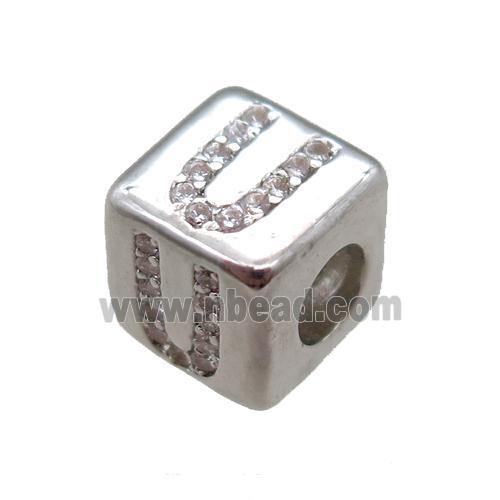 copper cube letter-U beads pave zircon, platinum plated