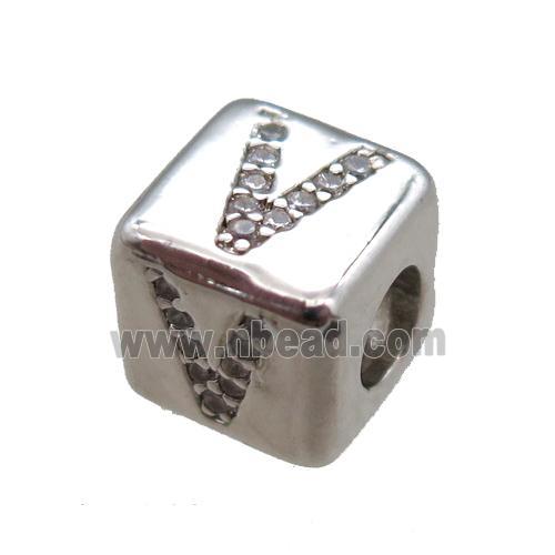 copper cube letter-V beads pave zircon, platinum plated