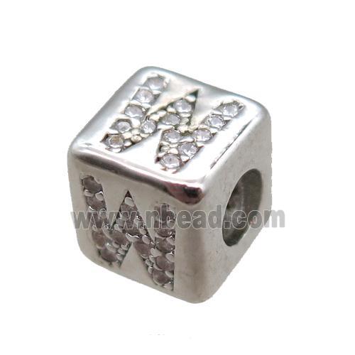 copper cube letter-W beads pave zircon, platinum plated