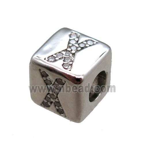copper cube letter-X beads pave zircon, platinum plated