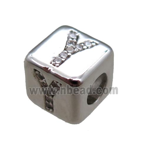 copper cube letter-Y beads pave zircon, platinum plated