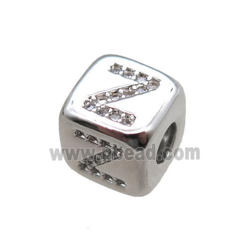 copper cube letter-Z beads pave zircon, platinum plated