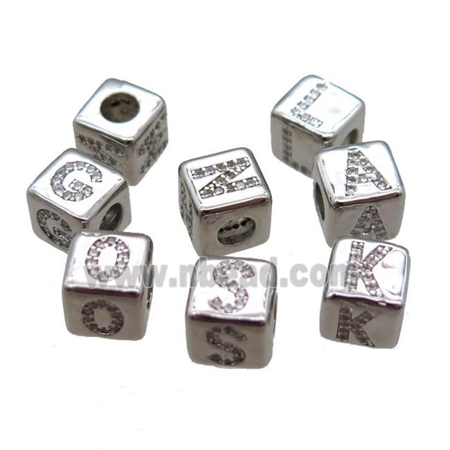 copper cube letter beads pzve zircon, large hole, mixed alphabet, platinum plated