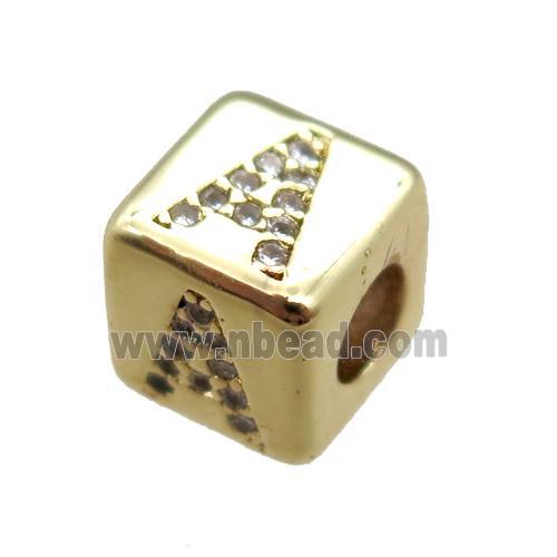 copper cube letter-A beads pave zircon, gold plated