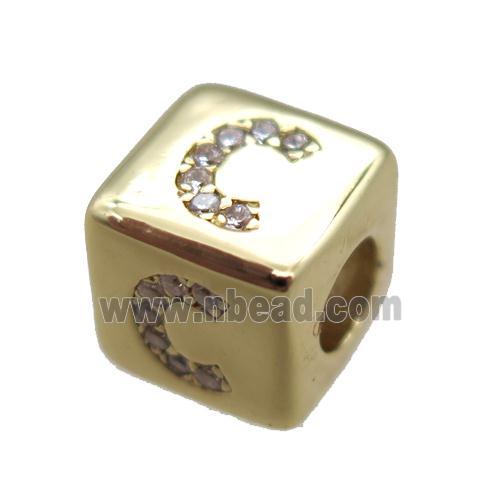 copper cube letter-C beads pave zircon, gold plated