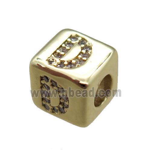 copper cube letter-D beads pave zircon, gold plated