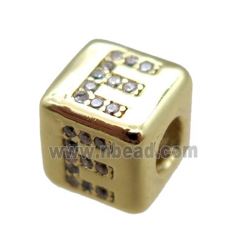 copper cube letter-E beads pave zircon, gold plated