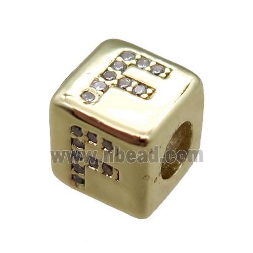 copper cube letter-F beads pave zircon, gold plated