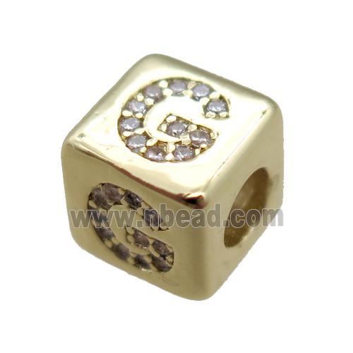 copper cube letter-G beads pave zircon, gold plated