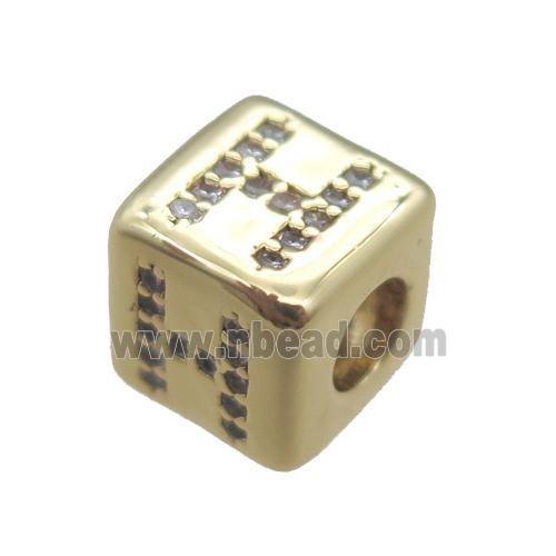 copper cube letter-H beads pave zircon, gold plated