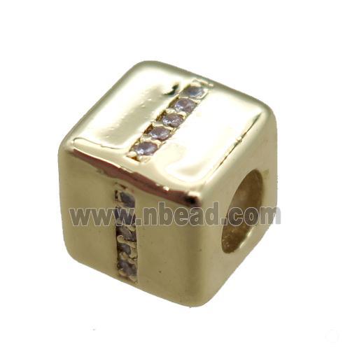 copper cube letter-I beads pave zircon, gold plated