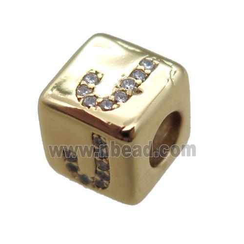 copper cube letter-J beads pave zircon, gold plated