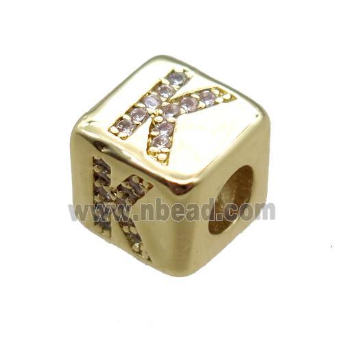 copper cube letter-K beads pave zircon, gold plated